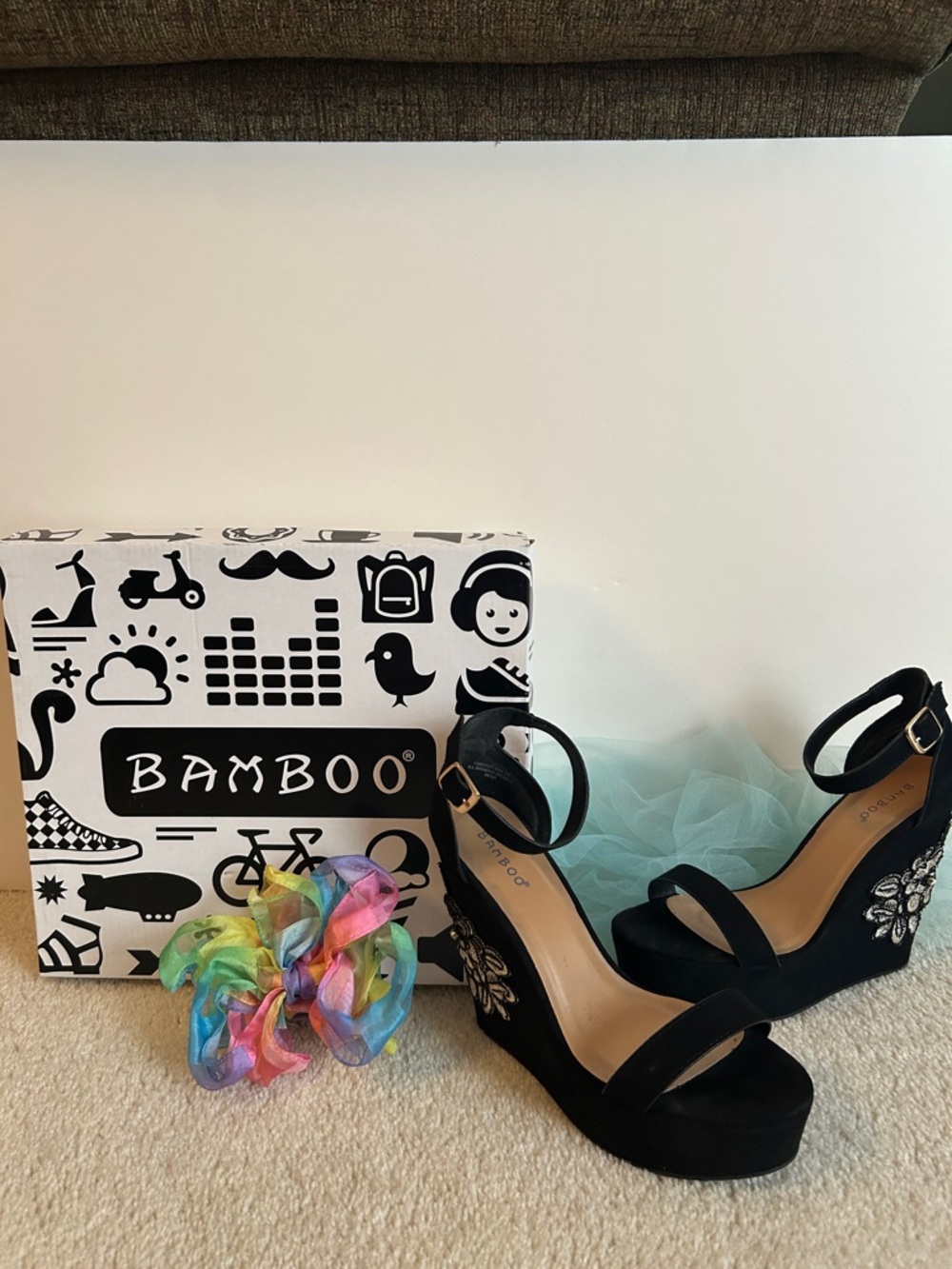 BAMBOO Embellished Ankle-Strap Wedge Sandals Black - Picture 3 of 12